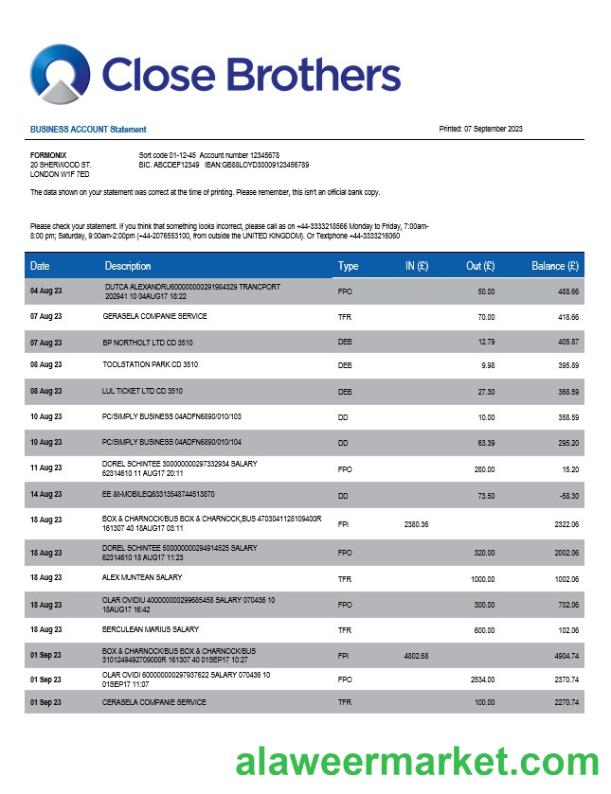 Close Brothers Bank Group company checking account statement Word and PDF template